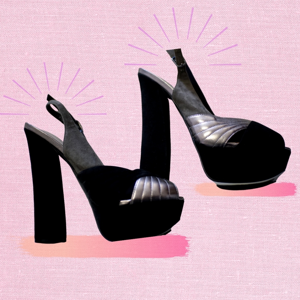 BLACK AND SILVER PLATFORM BLOCK HEELS